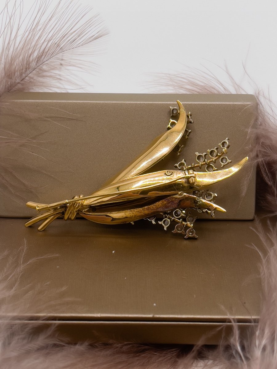 Lovely Brooch In 18 Carat Gold Of The "bouquet" Type-photo-2