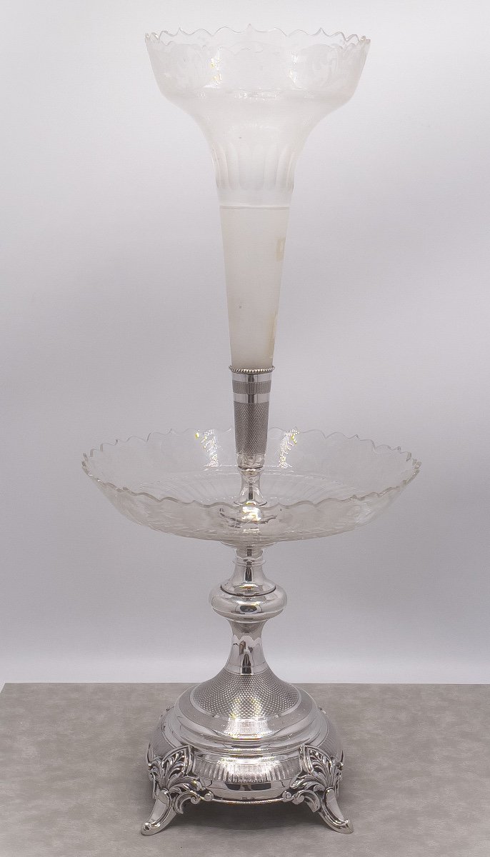 Epergne Centre De Table Cristal Et Argent Massif 800/1000