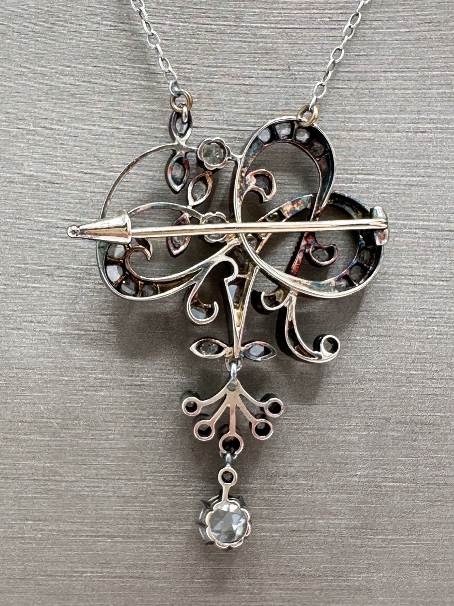 Art Nouveau Brooch-pendant In Silver On Gold Embellished With Diamonds-photo-3