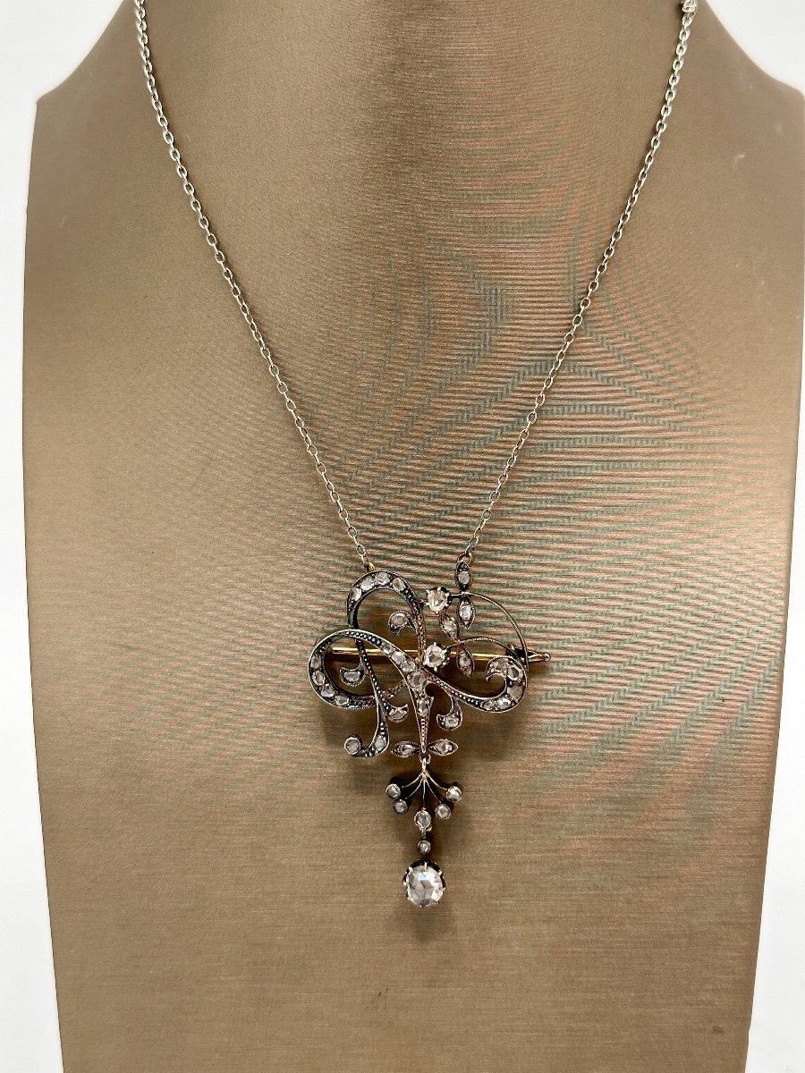 Art Nouveau Brooch-pendant In Silver On Gold Embellished With Diamonds-photo-1