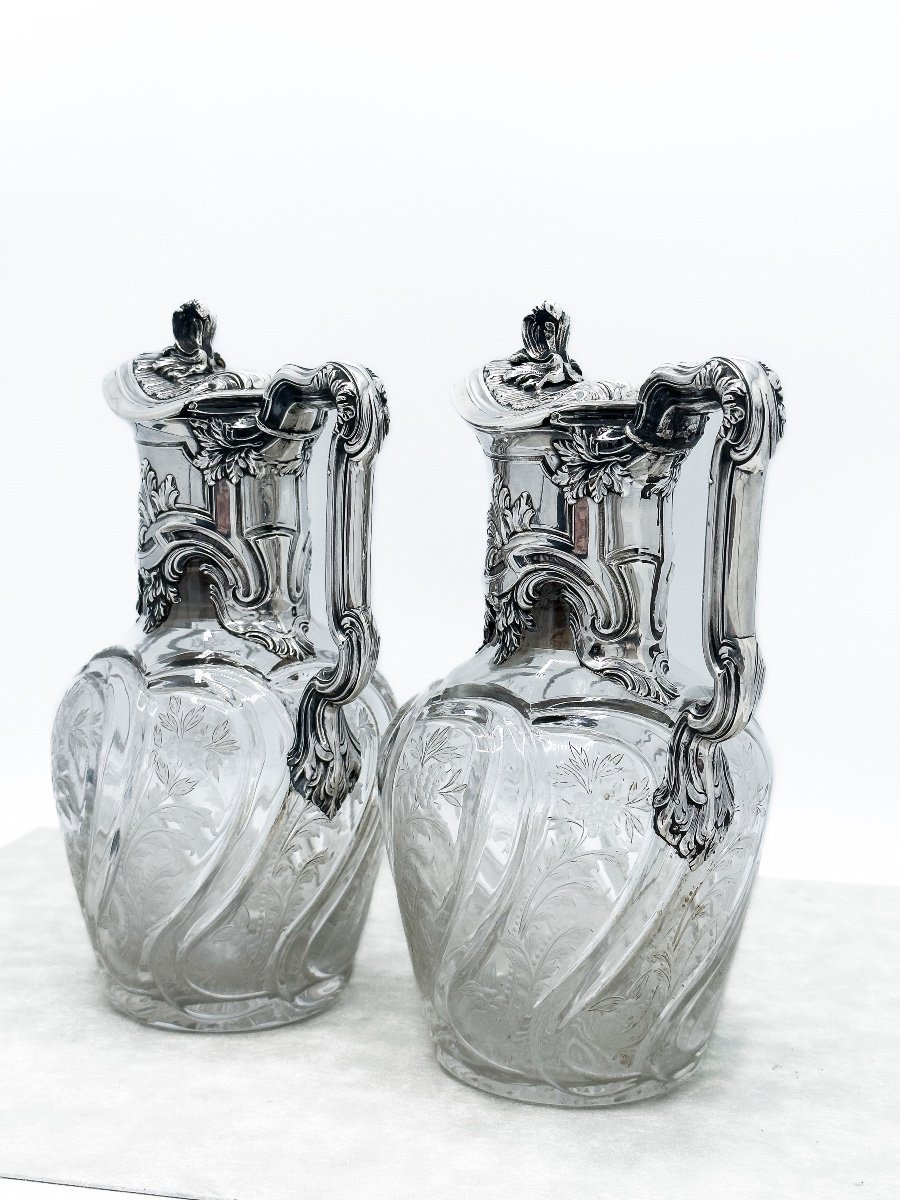 Emile Puiforcat ,  Paire De Carafes En Cristal Taillé Et Gravé Montures En Argent Massif-photo-5