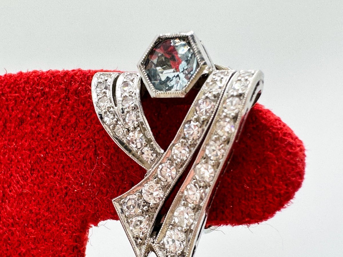 Paire De Clips Art Deco Diamants Et Aigue-marine-photo-2