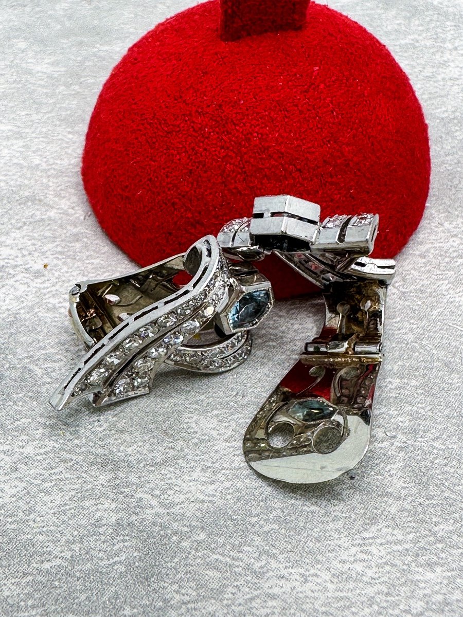 Paire De Clips Art Deco Diamants Et Aigue-marine-photo-3