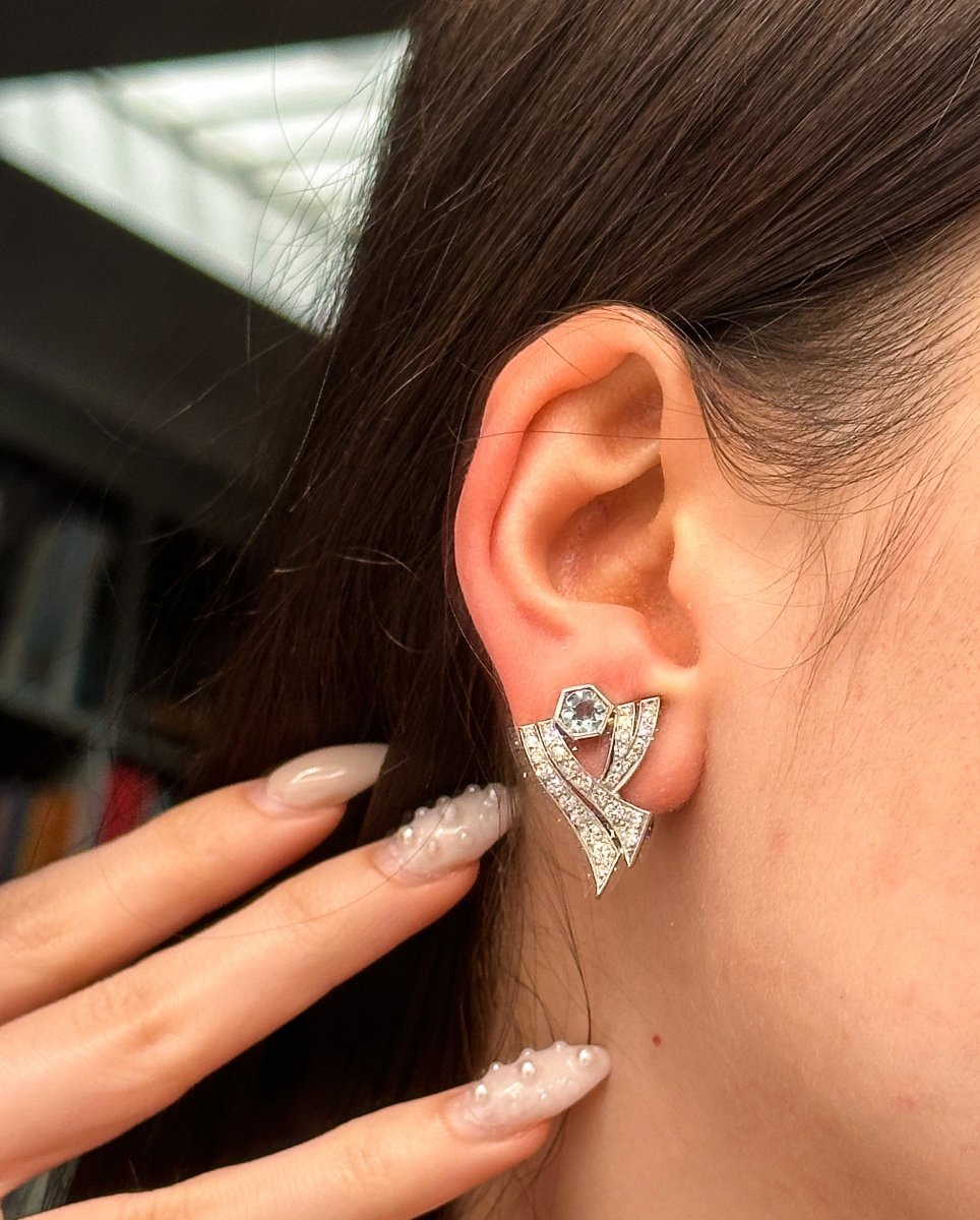 Paire De Clips Art Deco Diamants Et Aigue-marine-photo-4
