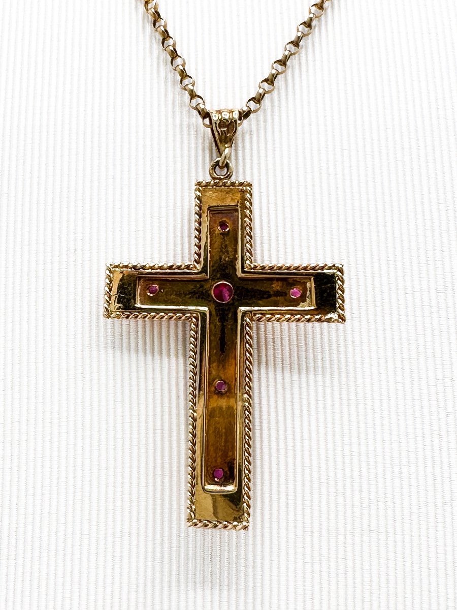 Croix En Or 18 Carats Sertie De Cabochons De Rubis-photo-3