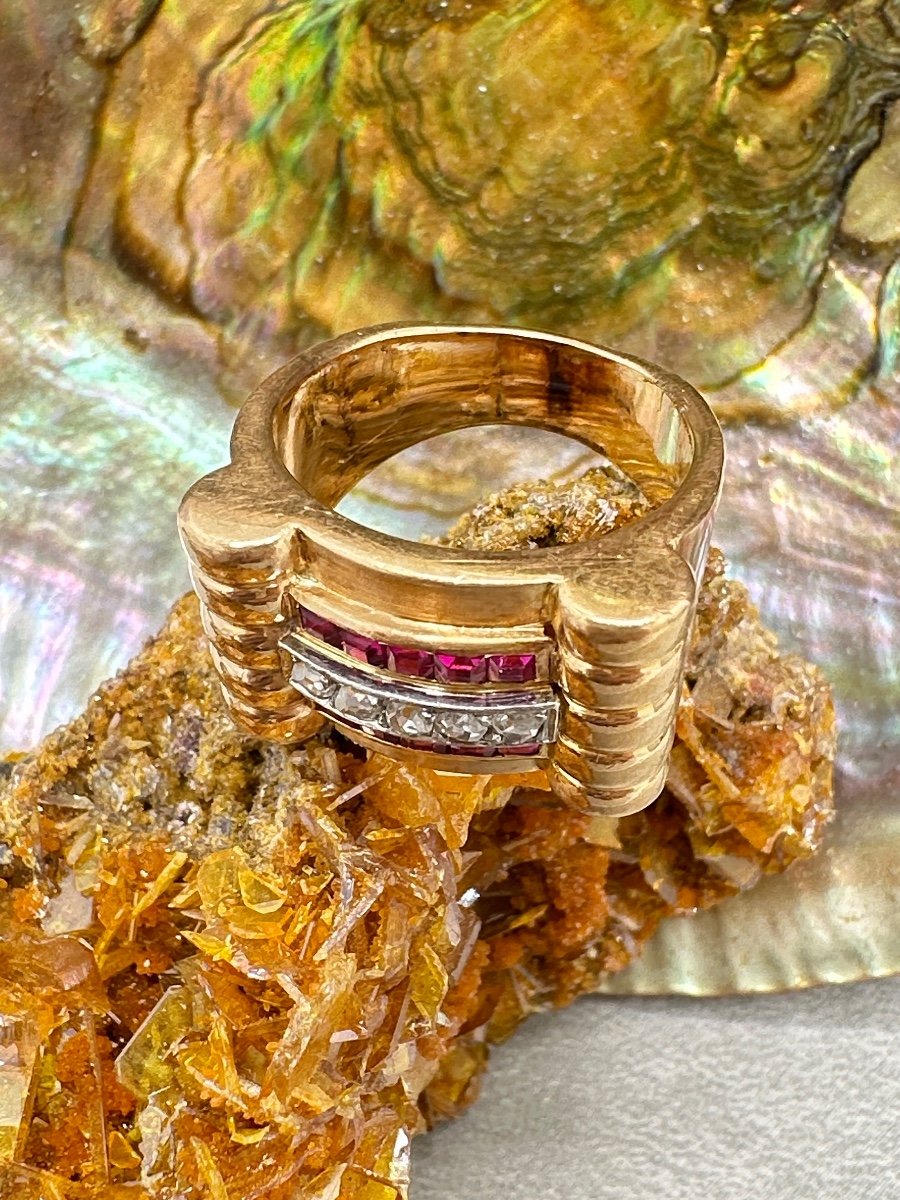 Tank Ring Set With 2 Lines Of Calibrated Rubies And A Line Of Rose-cut Diamonds-photo-2