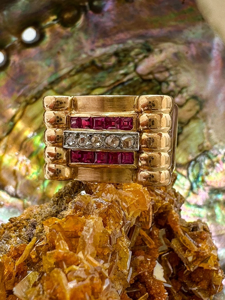 Tank Ring Set With 2 Lines Of Calibrated Rubies And A Line Of Rose-cut Diamonds-photo-3