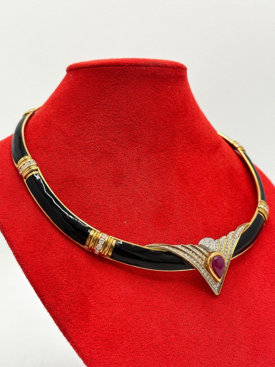 Holemans, Rigid Necklace In Enamelled 18 K Yellow Gold With Part In Platinum-photo-4