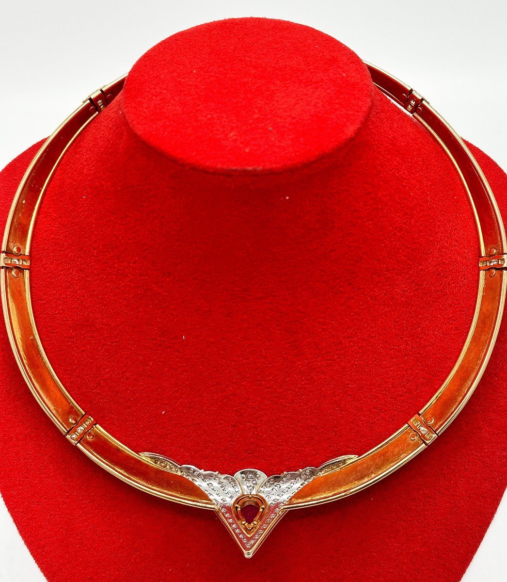 Holemans, Rigid Necklace In Enamelled 18 K Yellow Gold With Part In Platinum-photo-1
