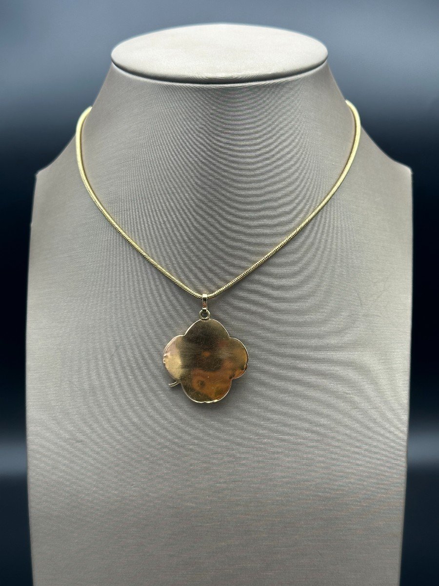 Art Nouveau Medallion In 18 Carat Gold, Four Leaf Clover With Woman's Head-photo-3