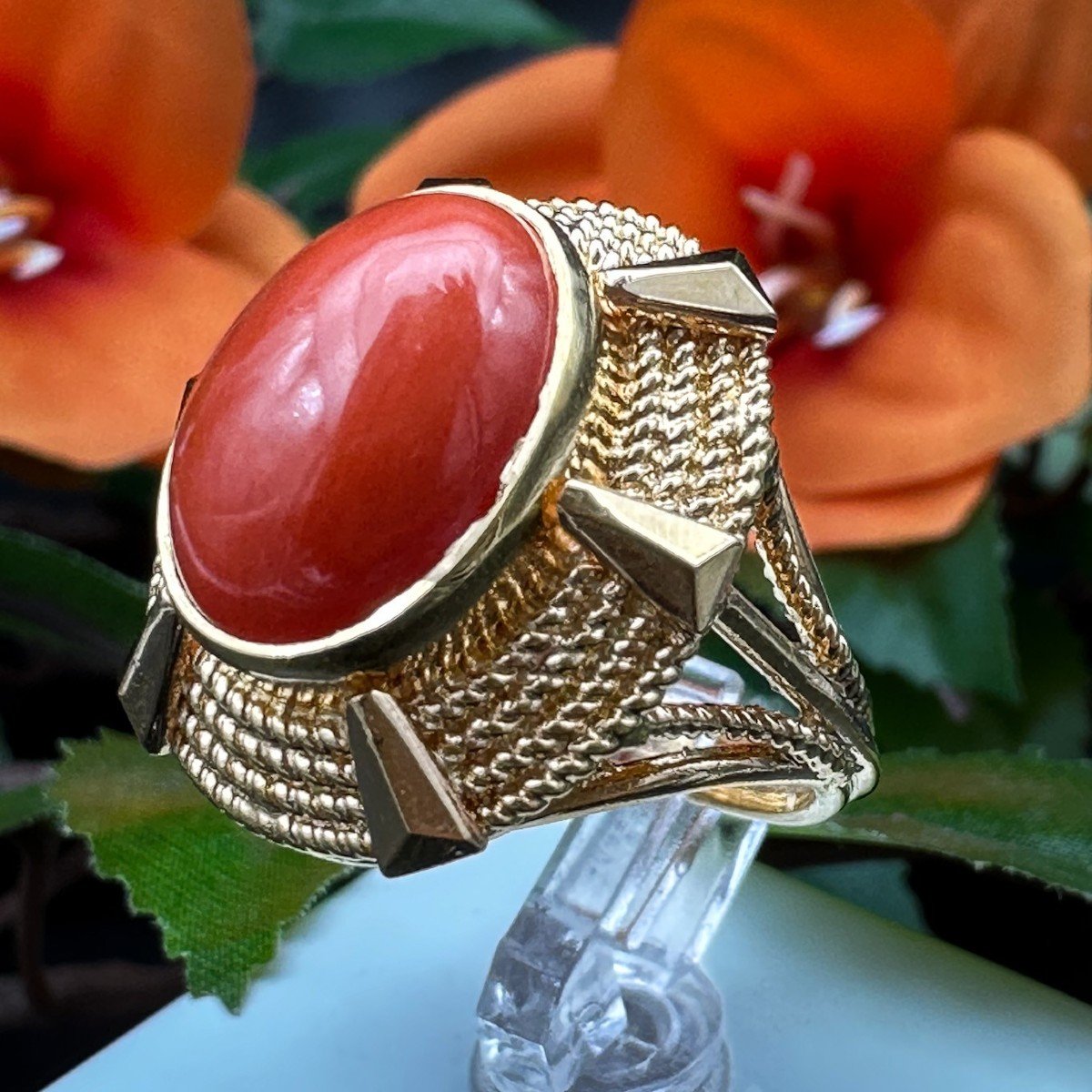 Bague Vintage “soleil” En Or 18k, Sertie D’un Corail-photo-3