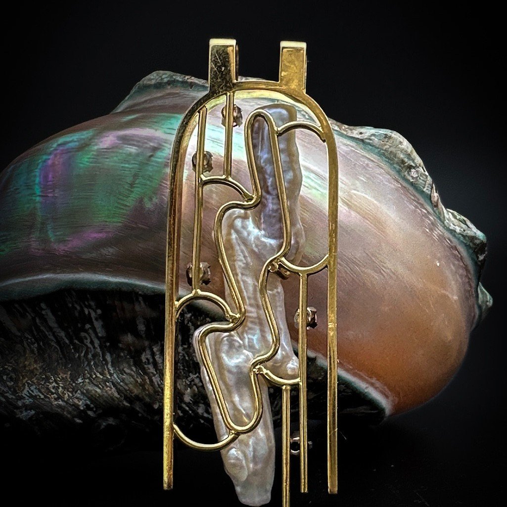 Vintage Pendant In 18k Gold Set With An Imposing Baroque Pearl-photo-3