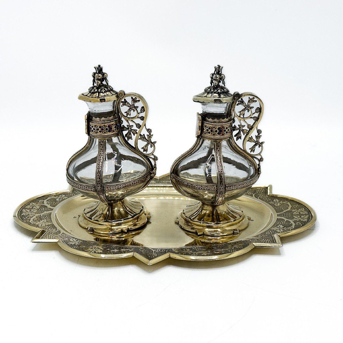 Splendid Pair Of Church Cruets On Silver Vermeil Tray