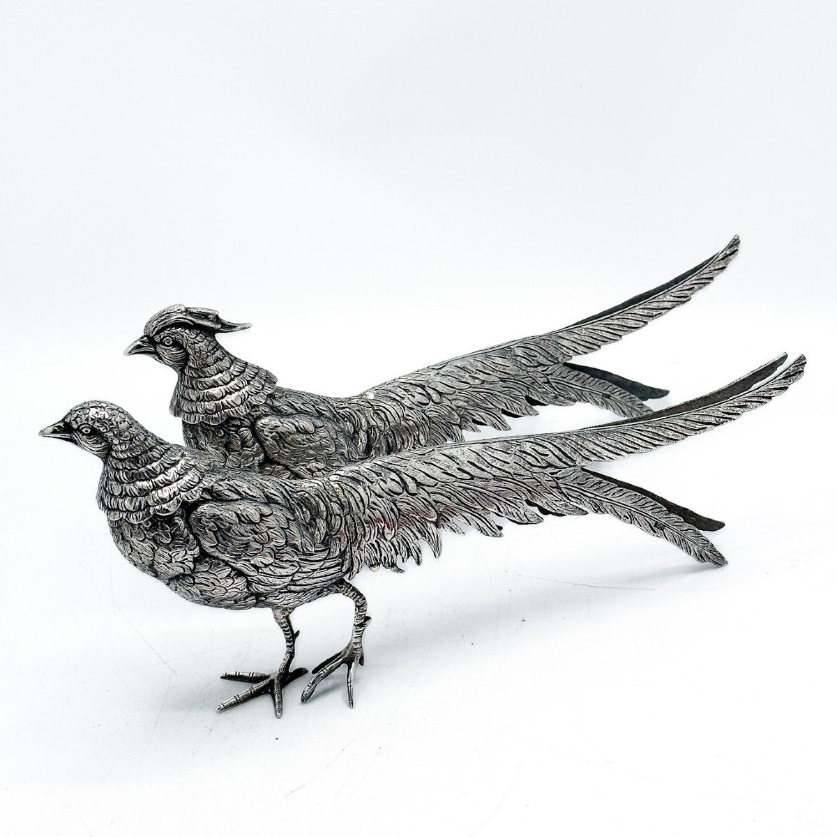 Couple De Faisans En Argent Massif-photo-3