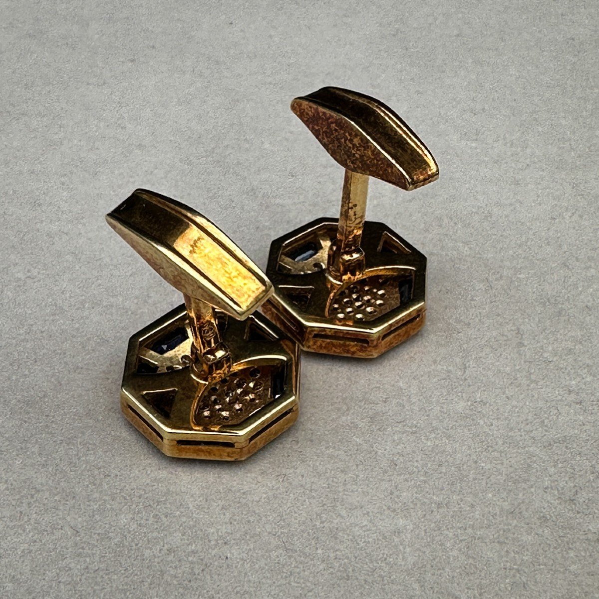Boutons De Manchettes En Or 18k, Sertie De Diamants Et Saphirs Calibrés-photo-2