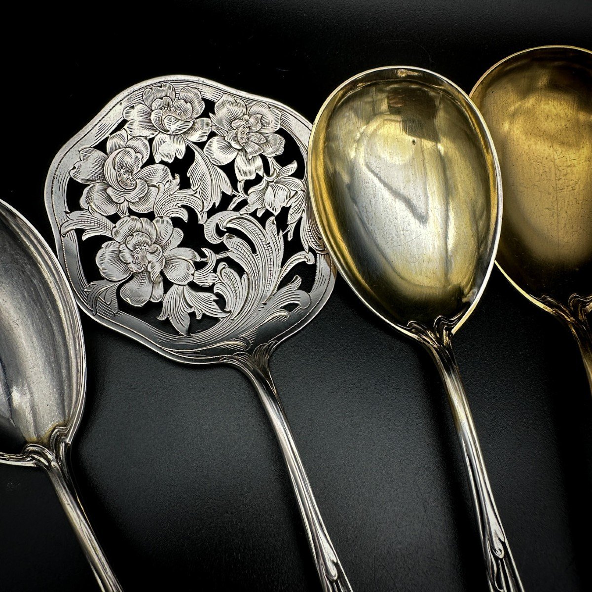 Set Of Art-nouveau Serving Cutlery In Sterling Silver And Vermeil-photo-3