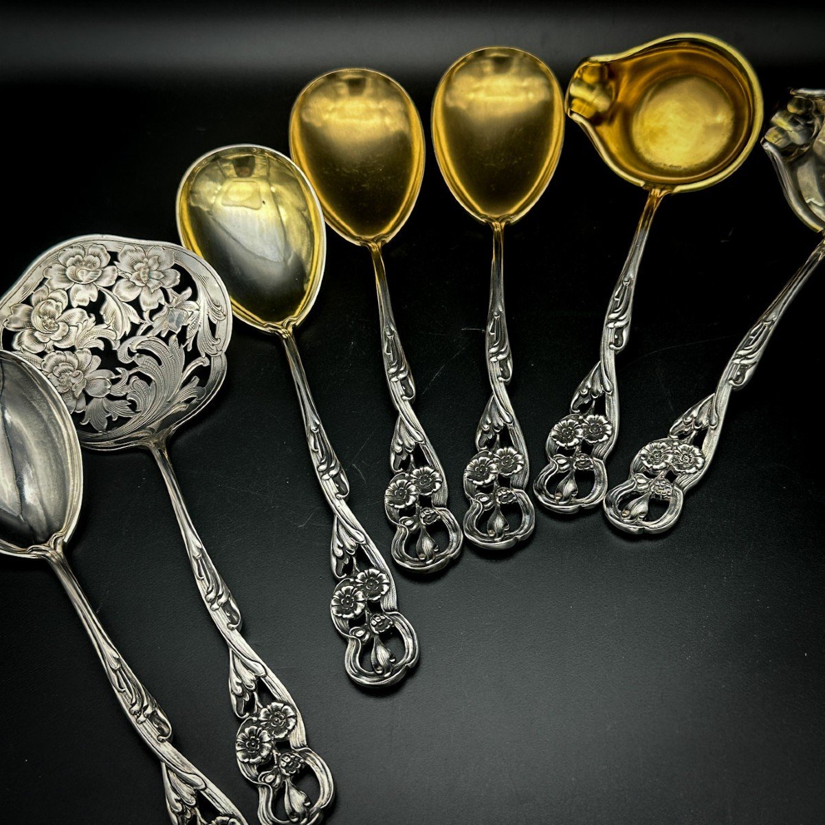 Set Of Art-nouveau Serving Cutlery In Sterling Silver And Vermeil-photo-2