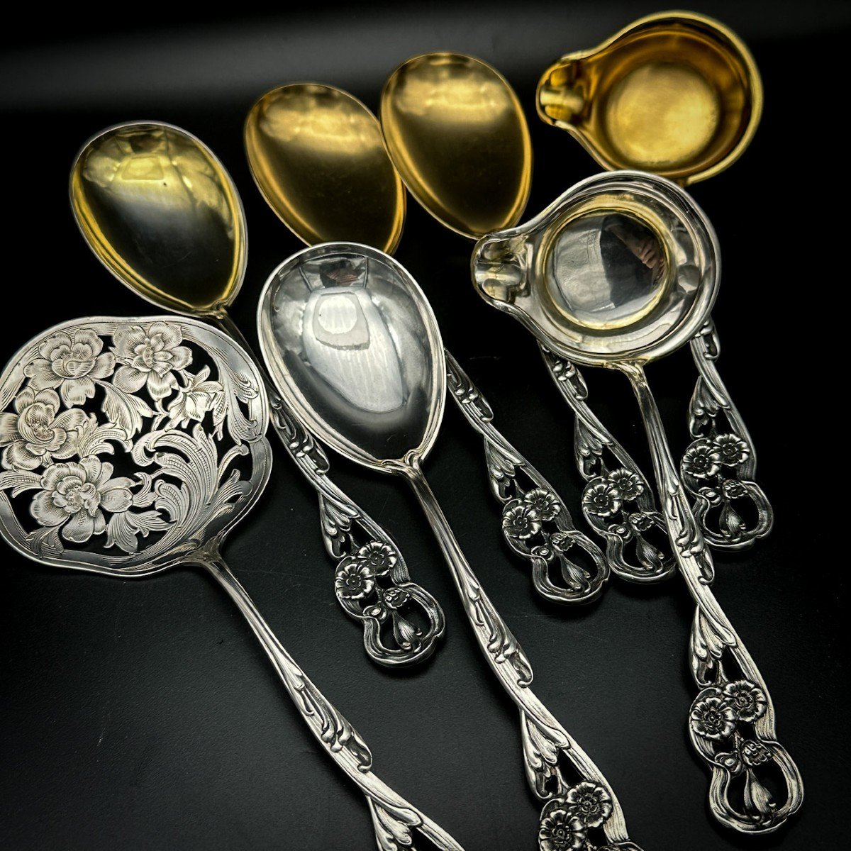 Set Of Art-nouveau Serving Cutlery In Sterling Silver And Vermeil-photo-3