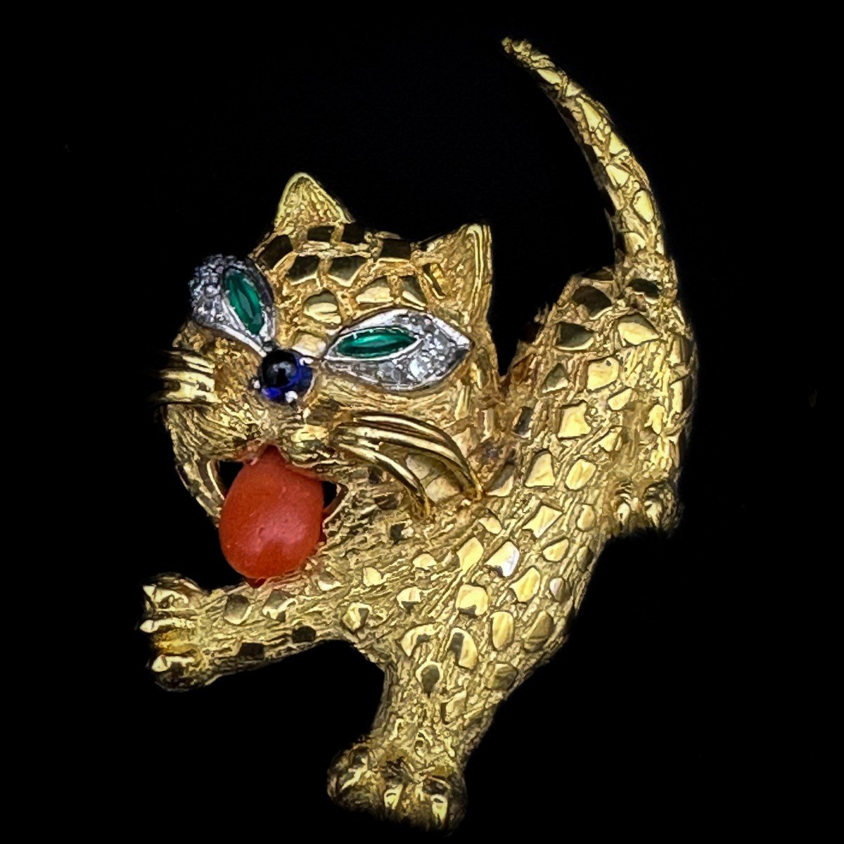 Vintage Panther Brooch, Gold Set With Diamonds, Emeralds, Sapphire And Coral.-photo-2