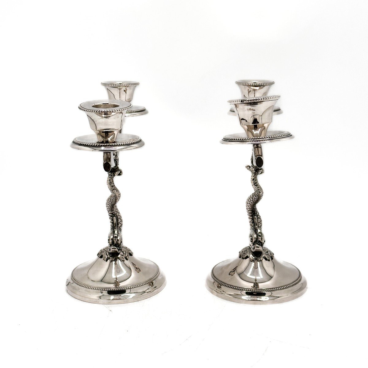 Pair Of Two-branch Candelabra In 800/1000 Sterling Silver. -photo-2