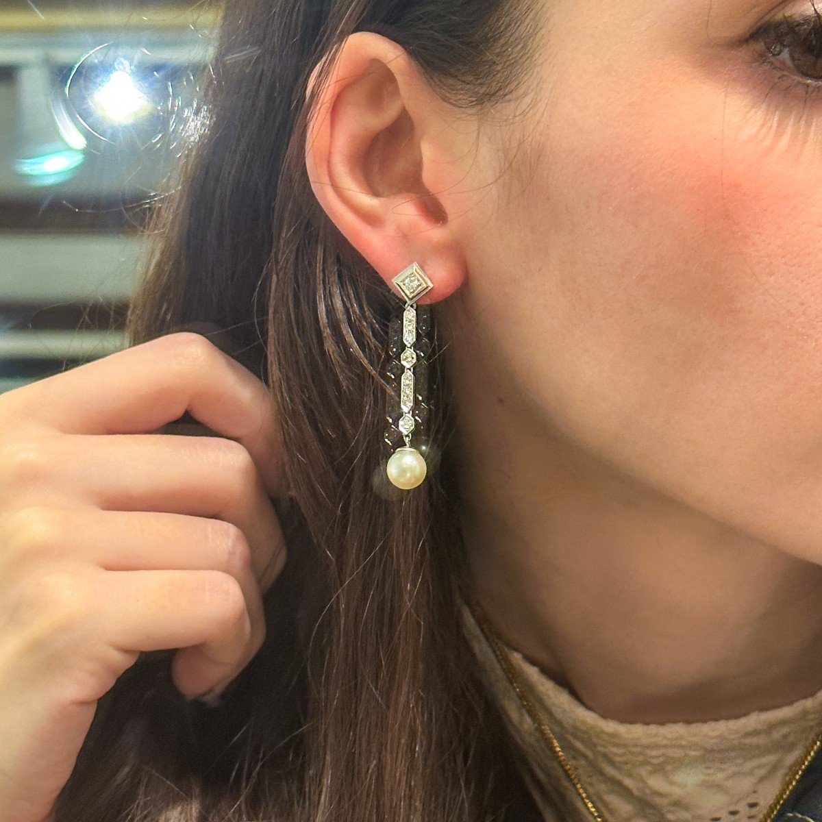 Pair Of Platinum Diamond Series Pendant Earrings, Enhanced With Cultured Pearls. -photo-3