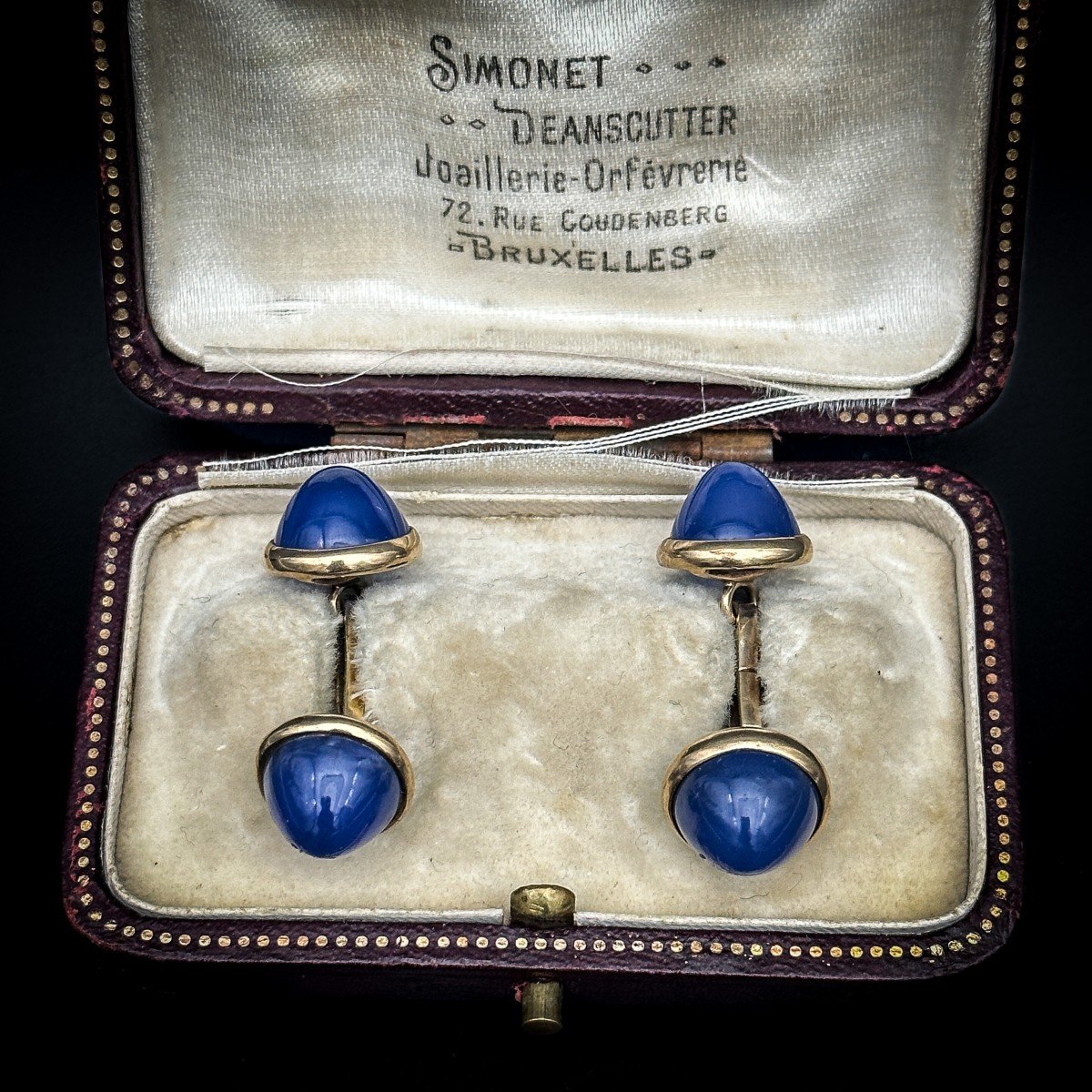 Paire De Boutons De Manchettes Or 9 K Et Sertie De Cabochons De Calcédoine .-photo-2