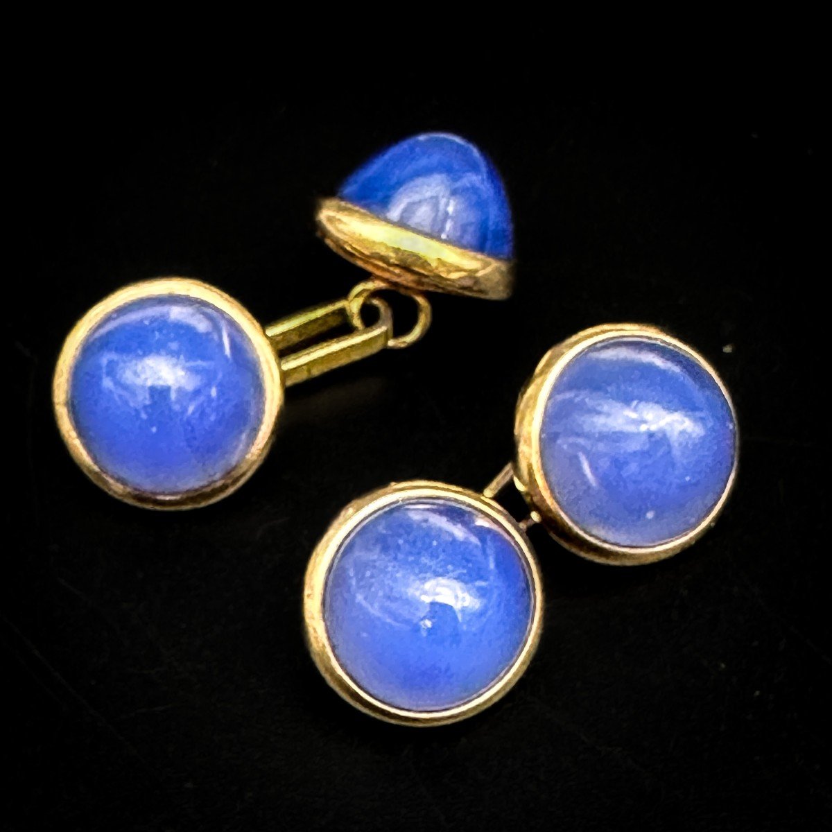 Paire De Boutons De Manchettes Or 9 K Et Sertie De Cabochons De Calcédoine .-photo-3