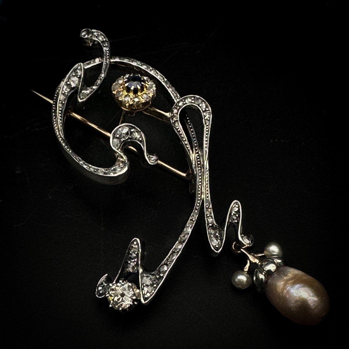 Art Nouveau, Gold, Silver, Diamonds, Sapphires And Pearls Brooch.-photo-4