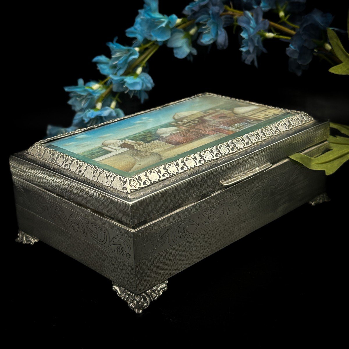 Coffret à Cigares En Agent Massif, Intérieur En Cèdre Décor D’une Miniature-photo-4