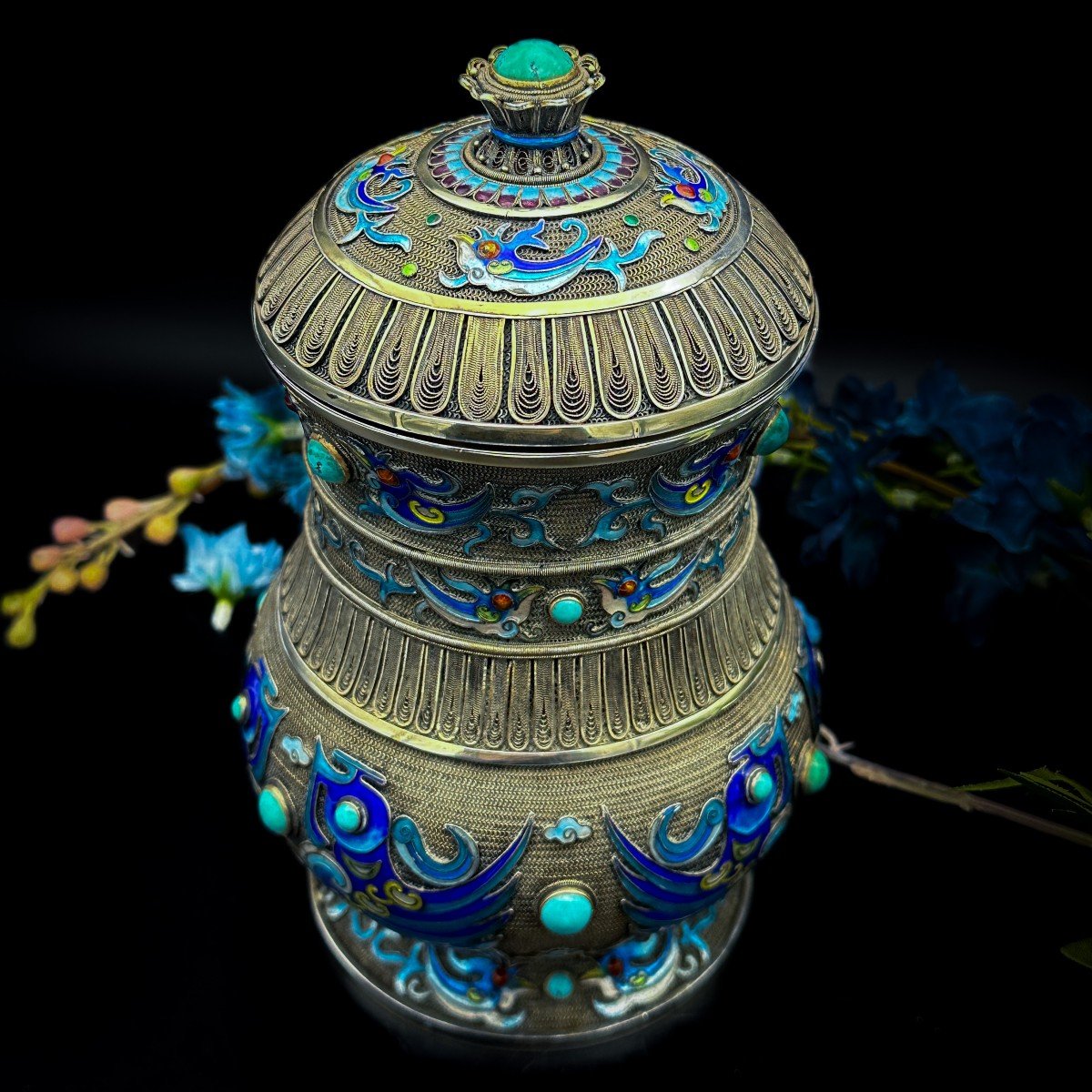 Chine République 1930 « tea Caddy » En Argent Vermeil ,  émaillé Et Sertie De Pierres-photo-3