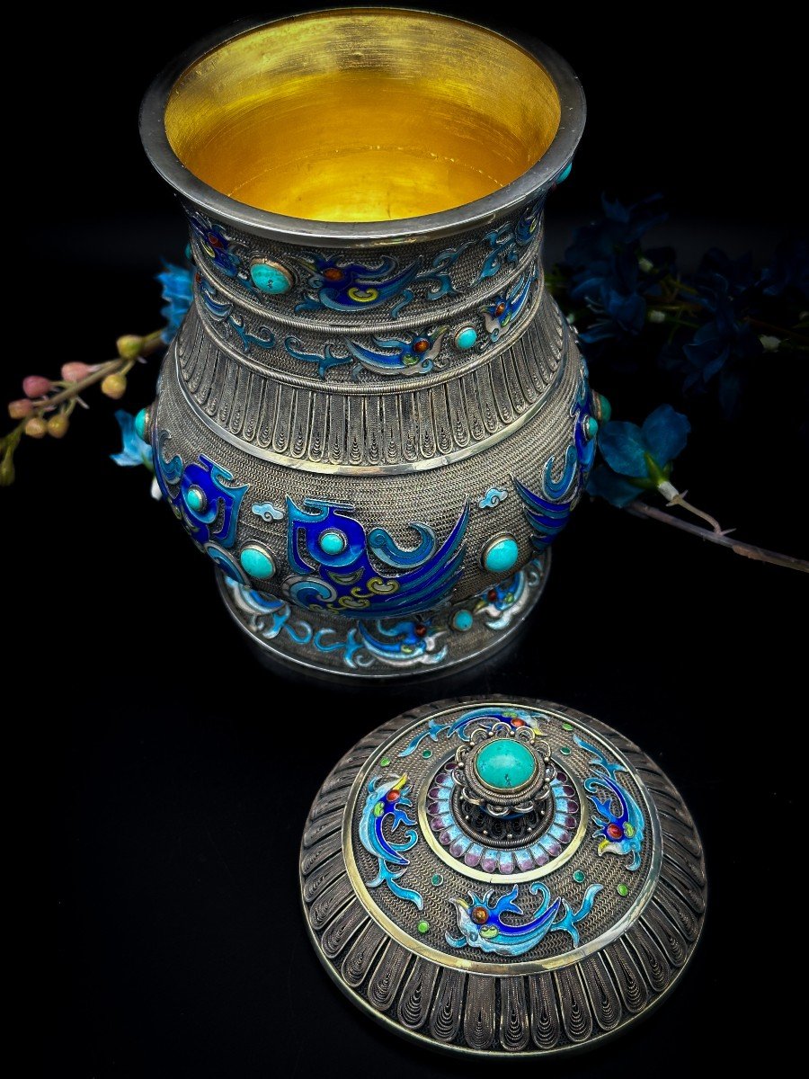 Chine République 1930 « tea Caddy » En Argent Vermeil ,  émaillé Et Sertie De Pierres-photo-3