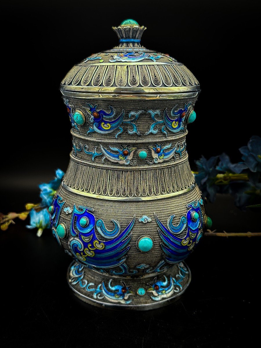 Chine République 1930 « tea Caddy » En Argent Vermeil ,  émaillé Et Sertie De Pierres