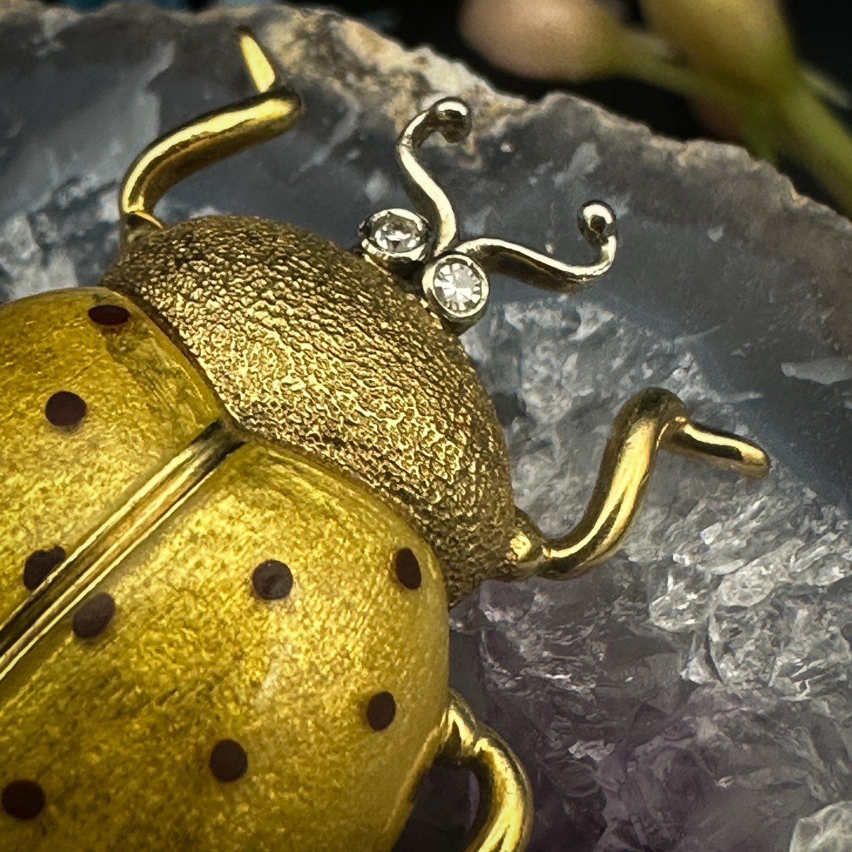 Yellow Enameled Gold Ladybug Brooch Set With 2 Small Diamonds-photo-2