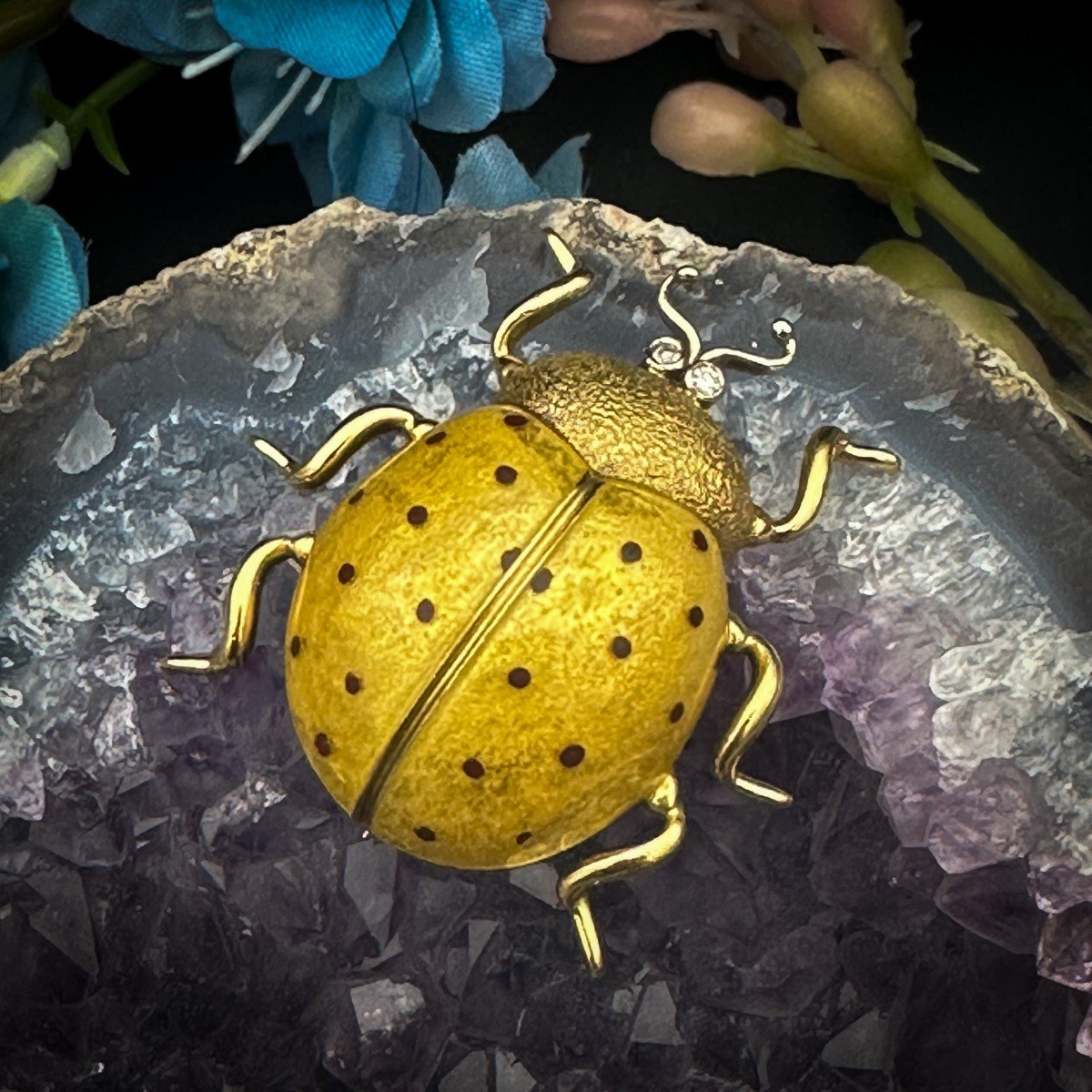 Yellow Enameled Gold Ladybug Brooch Set With 2 Small Diamonds