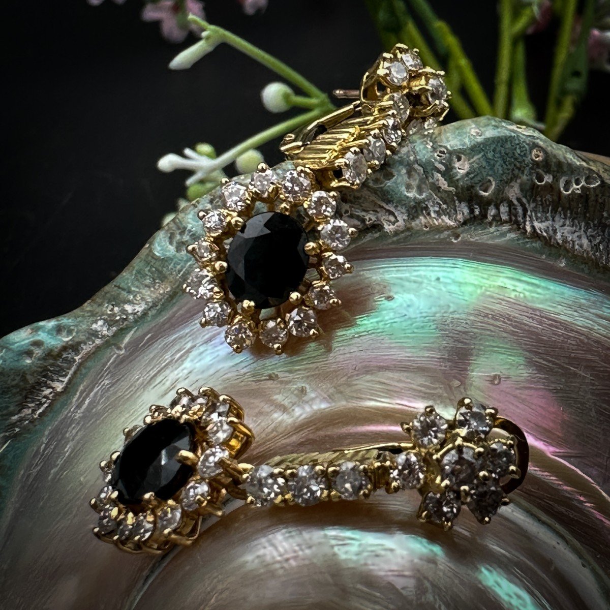 Pair Of Pendant Earrings, 18 K Gold, Set With Sapphires Diamonds -photo-1