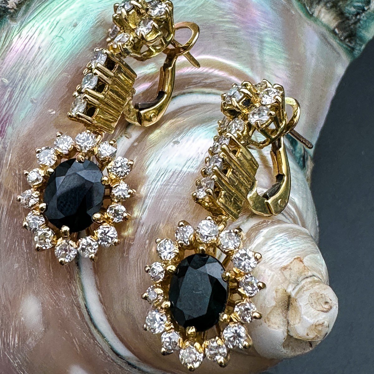 Pair Of Pendant Earrings, 18 K Gold, Set With Sapphires Diamonds -photo-3