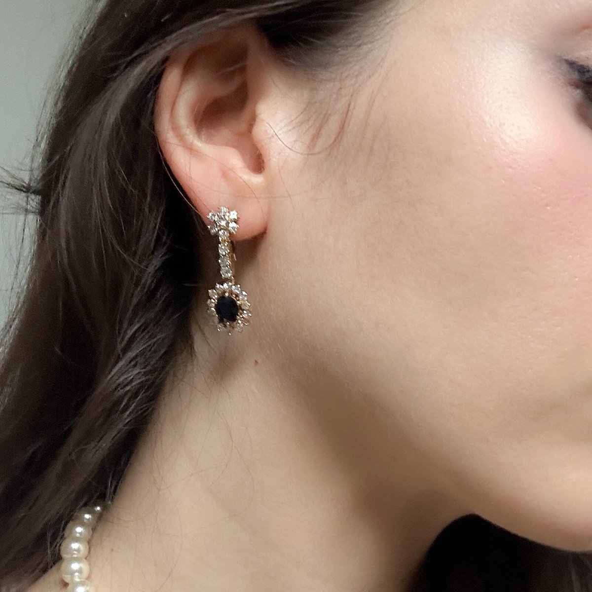 Pair Of Pendant Earrings, 18 K Gold, Set With Sapphires Diamonds -photo-7