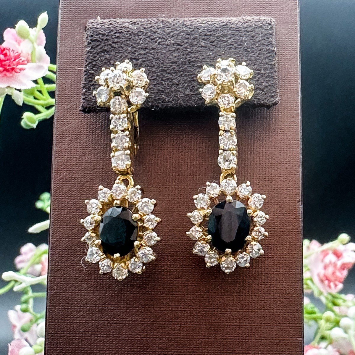 Pair Of Pendant Earrings, 18 K Gold, Set With Sapphires Diamonds 