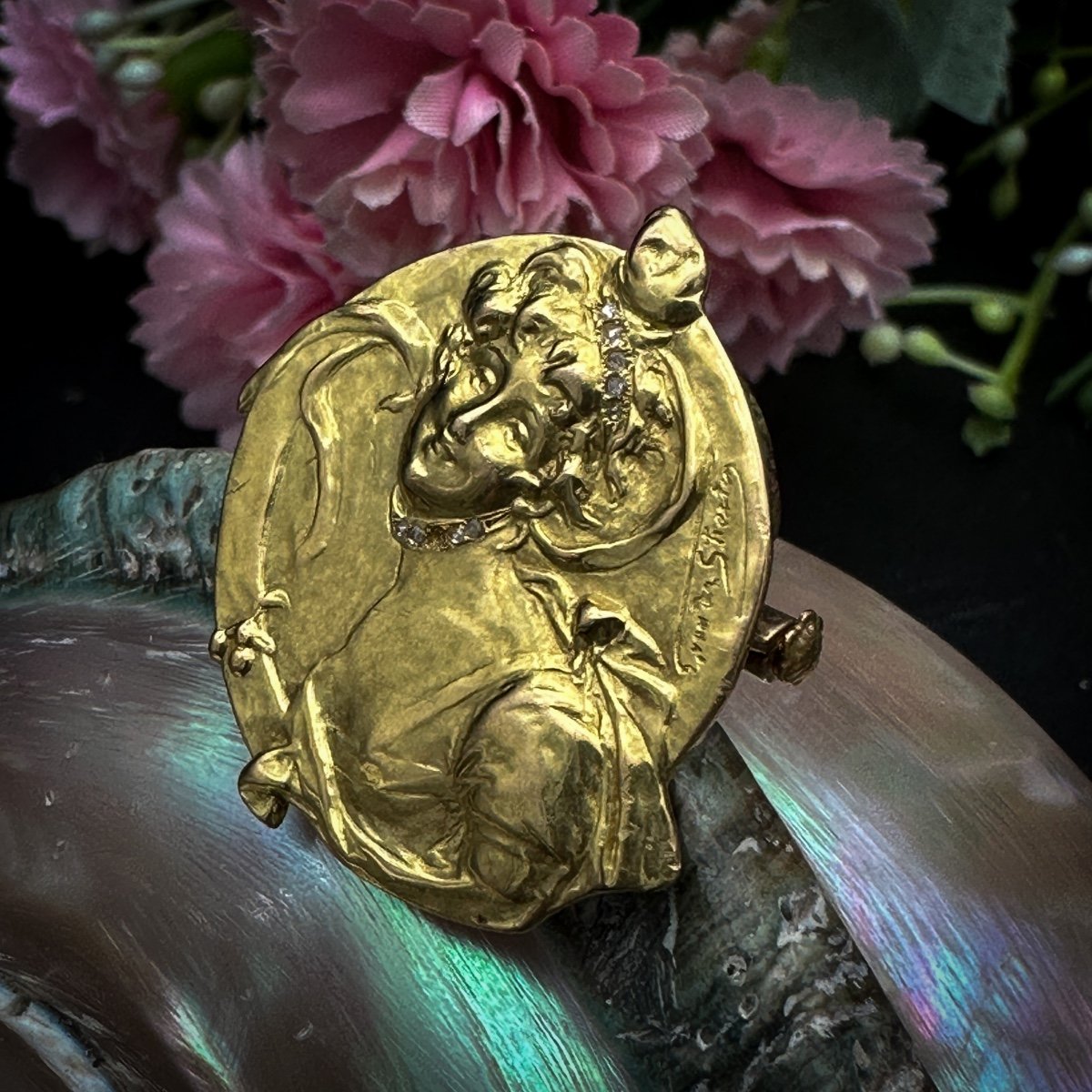 Broche Art-nouveau Or 18k Signé Van Der Straeten-photo-3