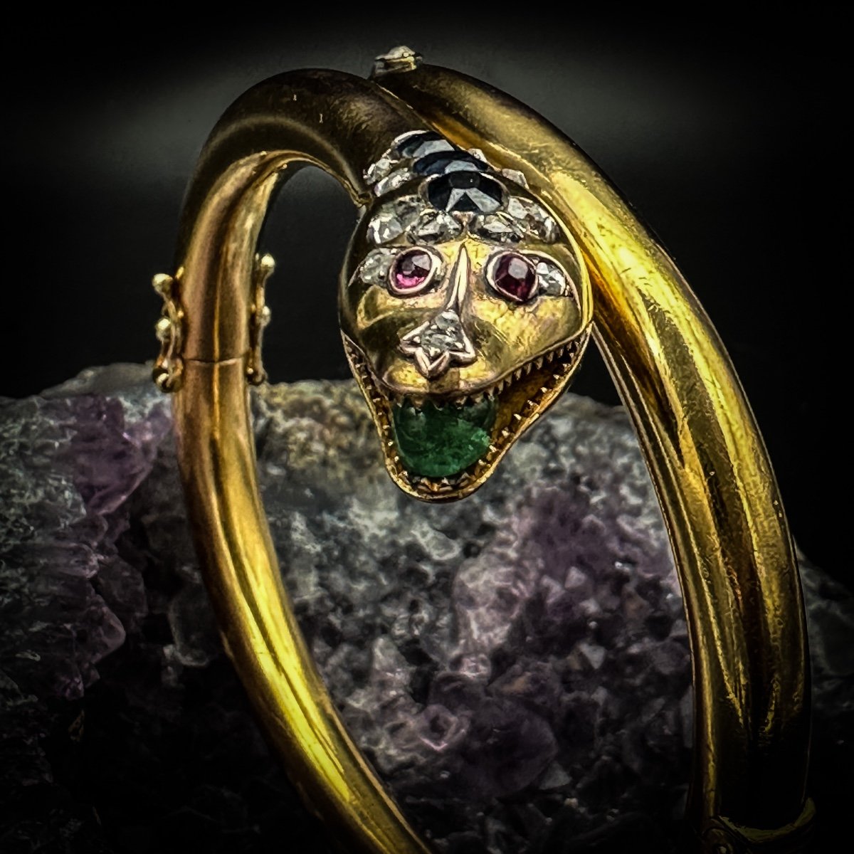 Belle Epoque “snake” Bangle Bracelet Gold, Diamond, Sapphires, Emeralds -photo-6