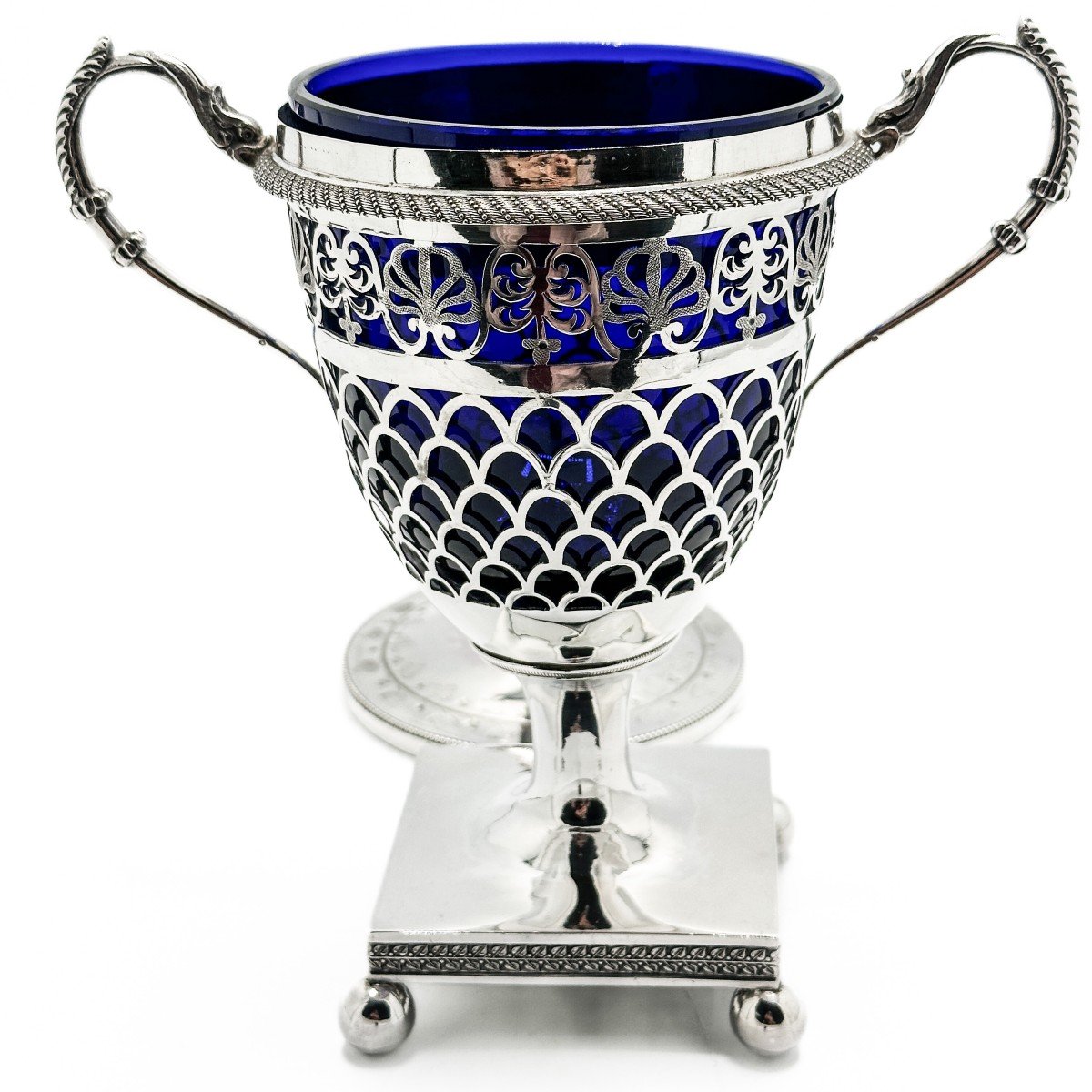 Drageoir époque Empire 1809-1819  Argent Massif (950/1000 )et Cristal Bleu. -photo-5