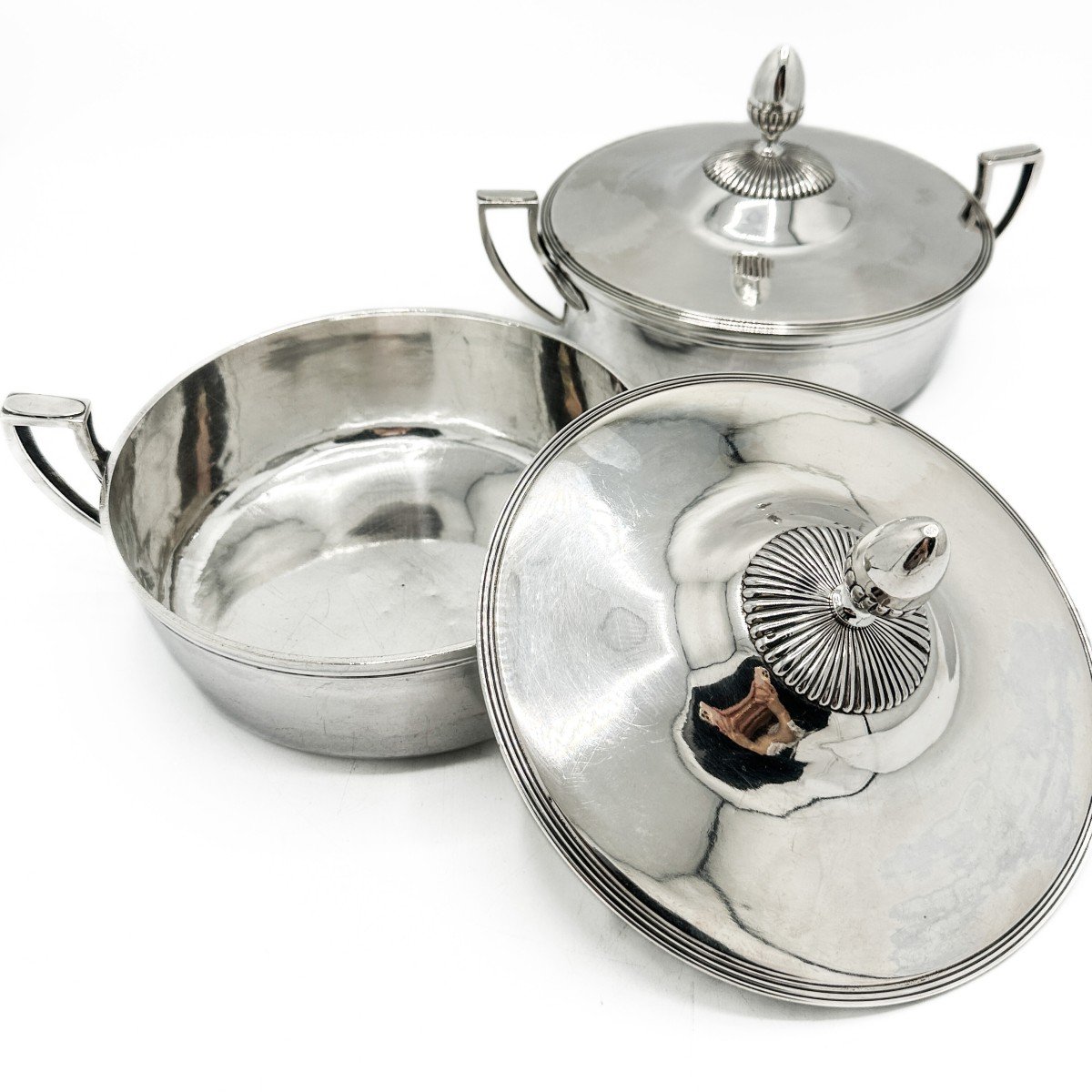 Empire Period, Pair Of Vegetable Bowls In 950/1000 Sterling Silver-photo-2