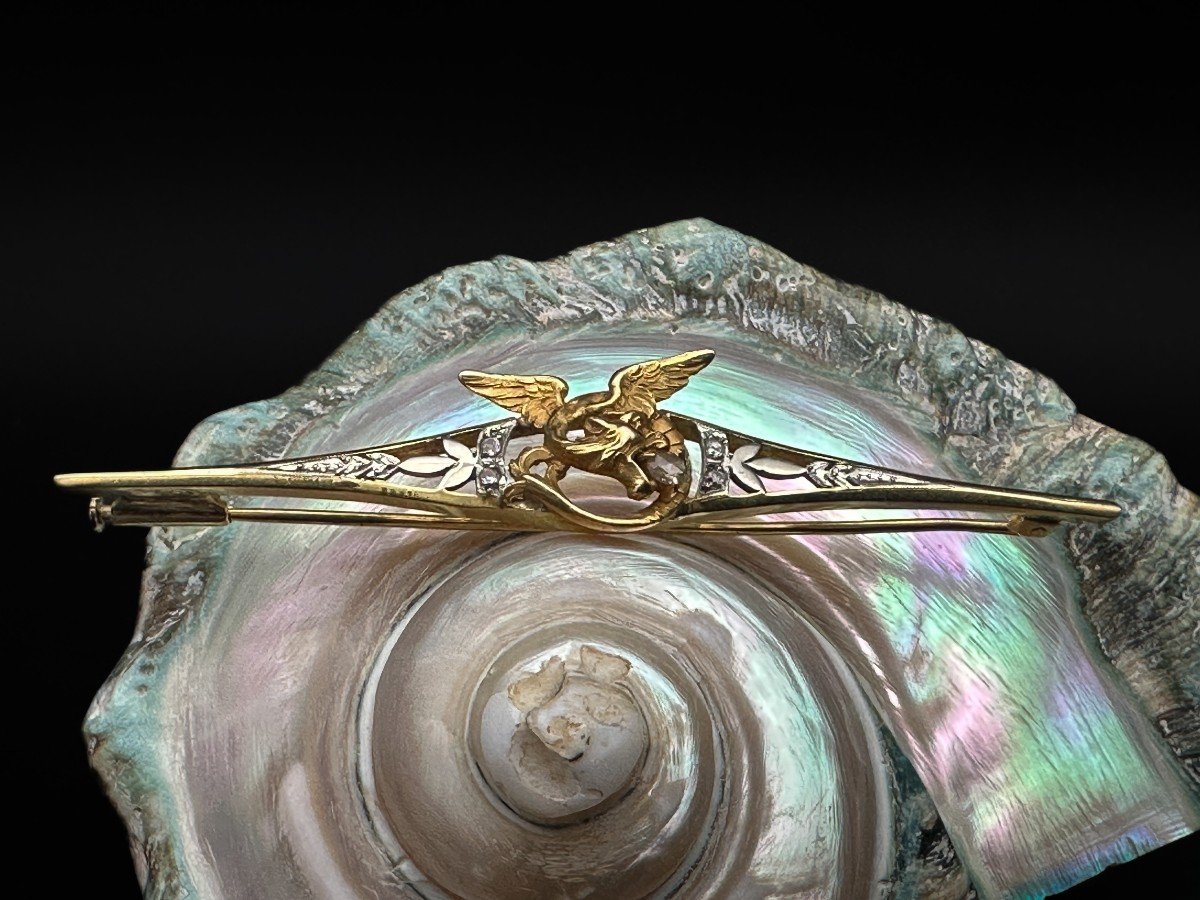  Barrette Brooch Simulating A Griffin, The Brooch Is Set With Rose Cut Diamonds 