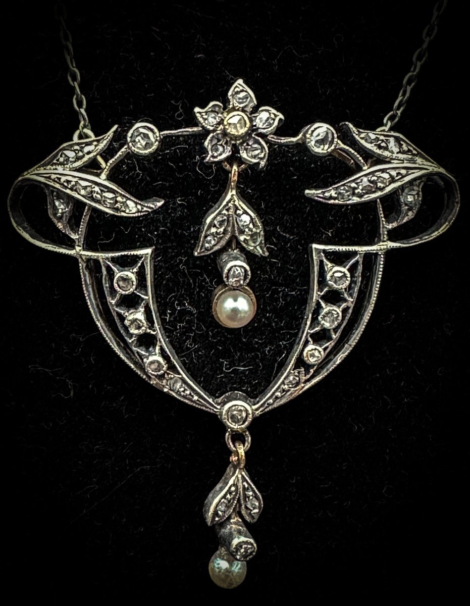 Collier En Argent Et Or, Serti De Diamants Taille Rose, époque Art Nouveau Collier D’é-photo-2