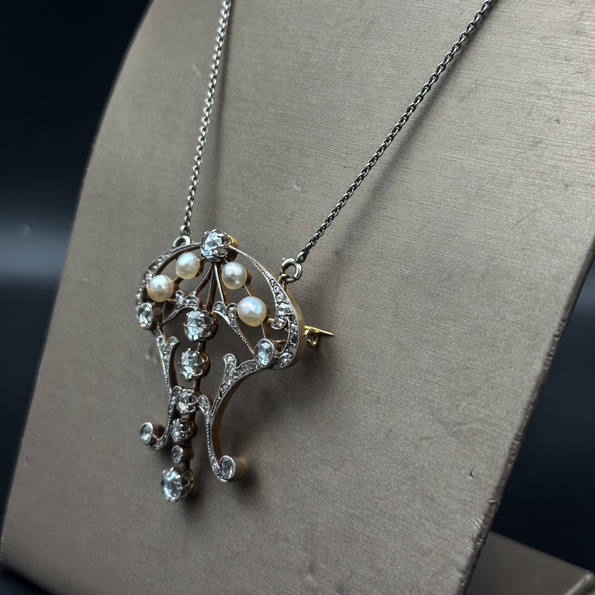 Collier-broche En Or 18 Carats Et Argent, Serti De Diamants Taille Rose Et Perles Naturelles, é-photo-2