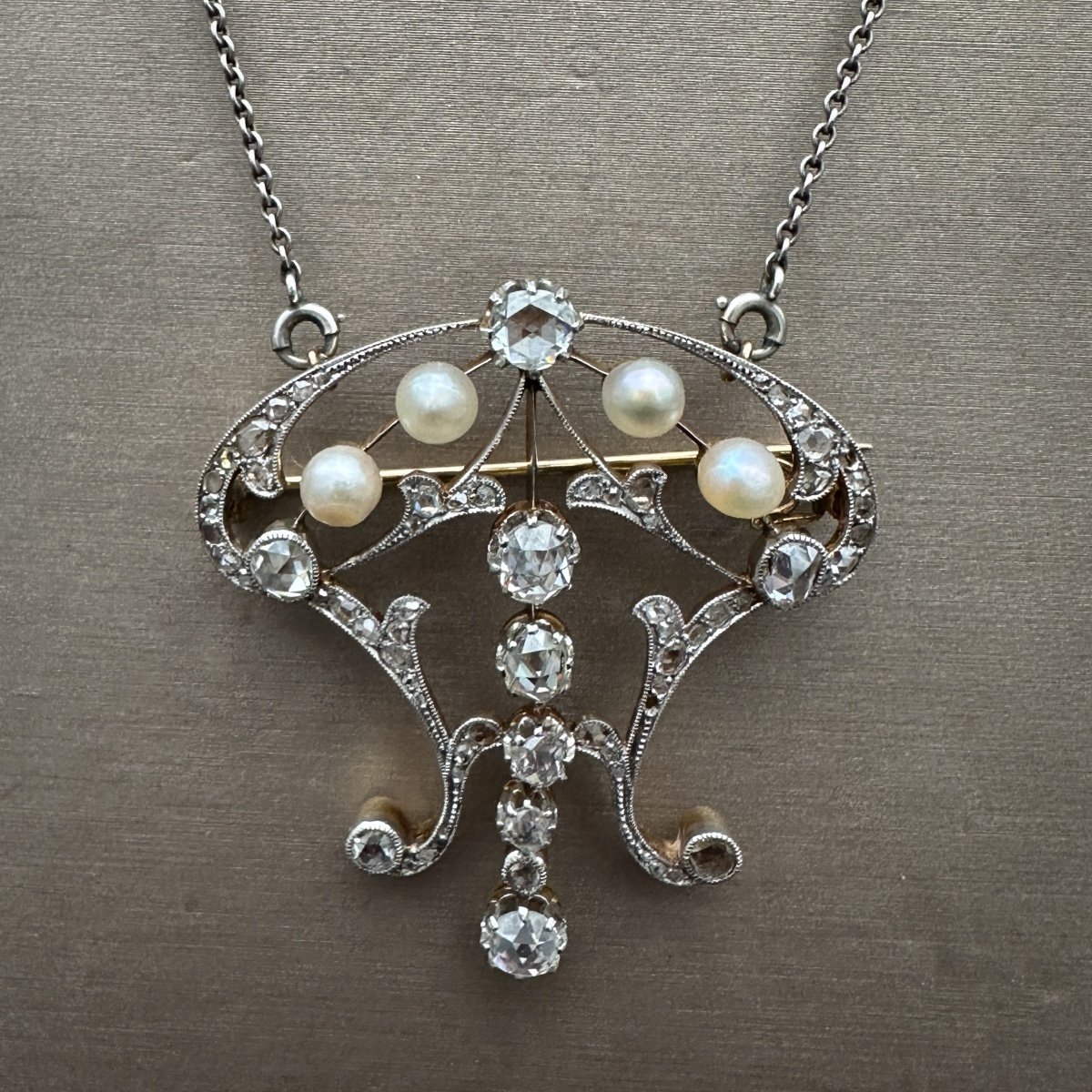 Collier-broche En Or 18 Carats Et Argent, Serti De Diamants Taille Rose Et Perles Naturelles, é-photo-3