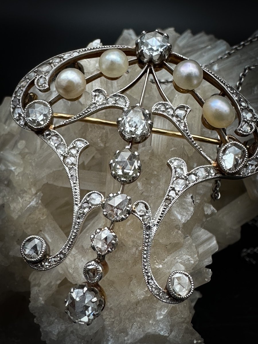 Collier-broche En Or 18 Carats Et Argent, Serti De Diamants Taille Rose Et Perles Naturelles, é-photo-4