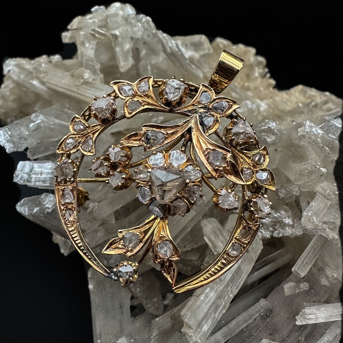 Belle Epoque Brooch-pendant In 18 Carat Gold And Rose-cut Diamonds, Heart Jewel, Early 20th Century-photo-2