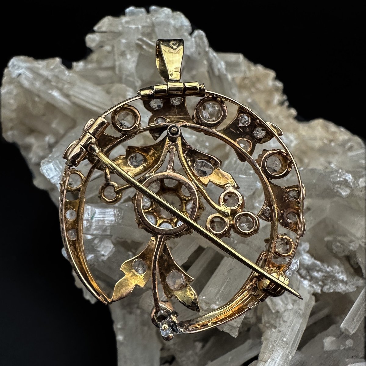 Belle Epoque Brooch-pendant In 18 Carat Gold And Rose-cut Diamonds, Heart Jewel, Early 20th Century-photo-3