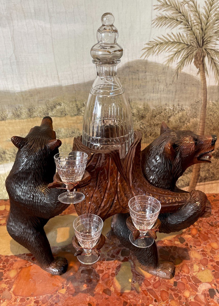 Black Forest, Carved Wood Carafe And Glass Holder, Late 19th Century-photo-2